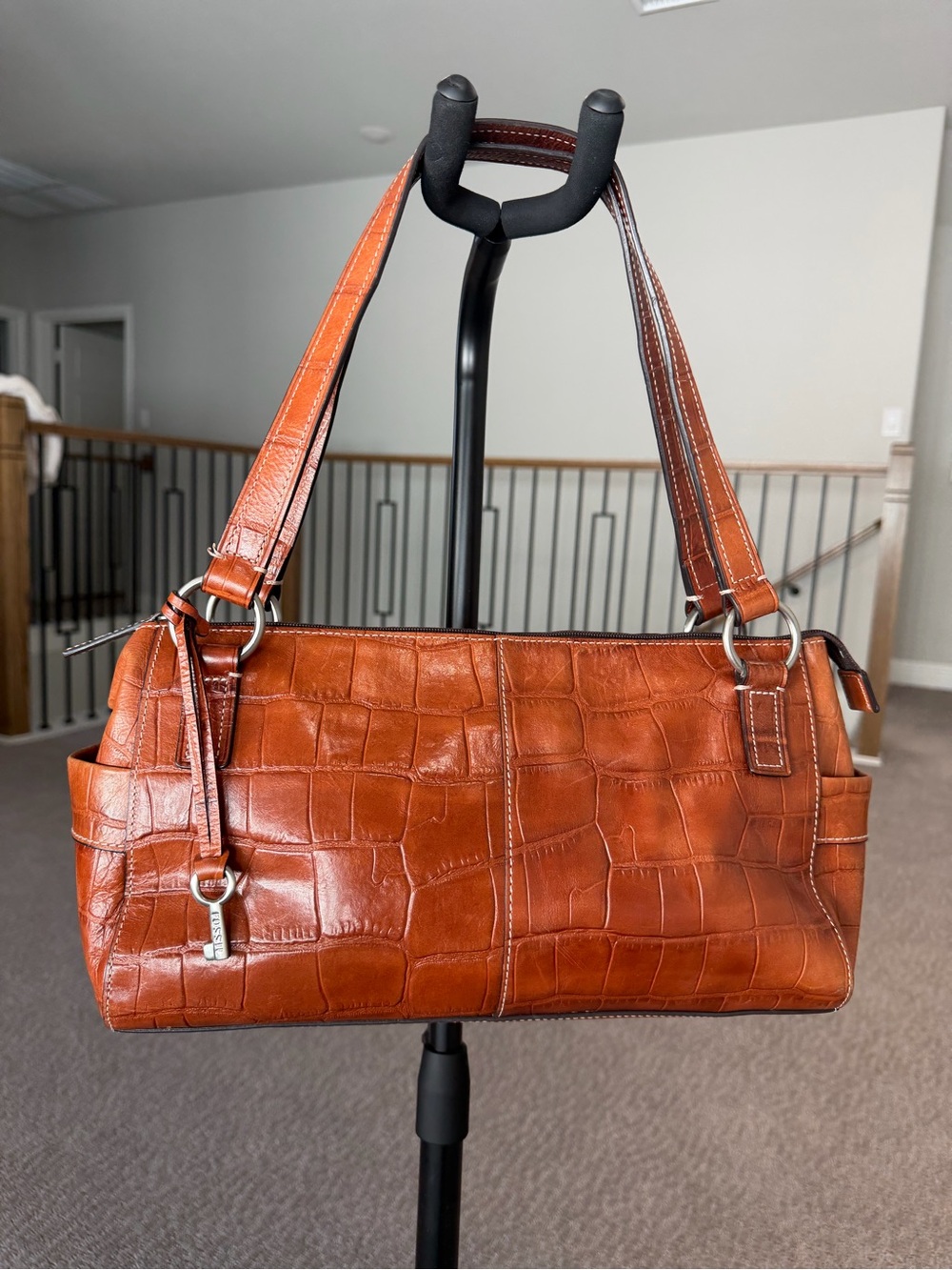 Fossil Croc-Embossed Shoulder Bag in Cognac Brown